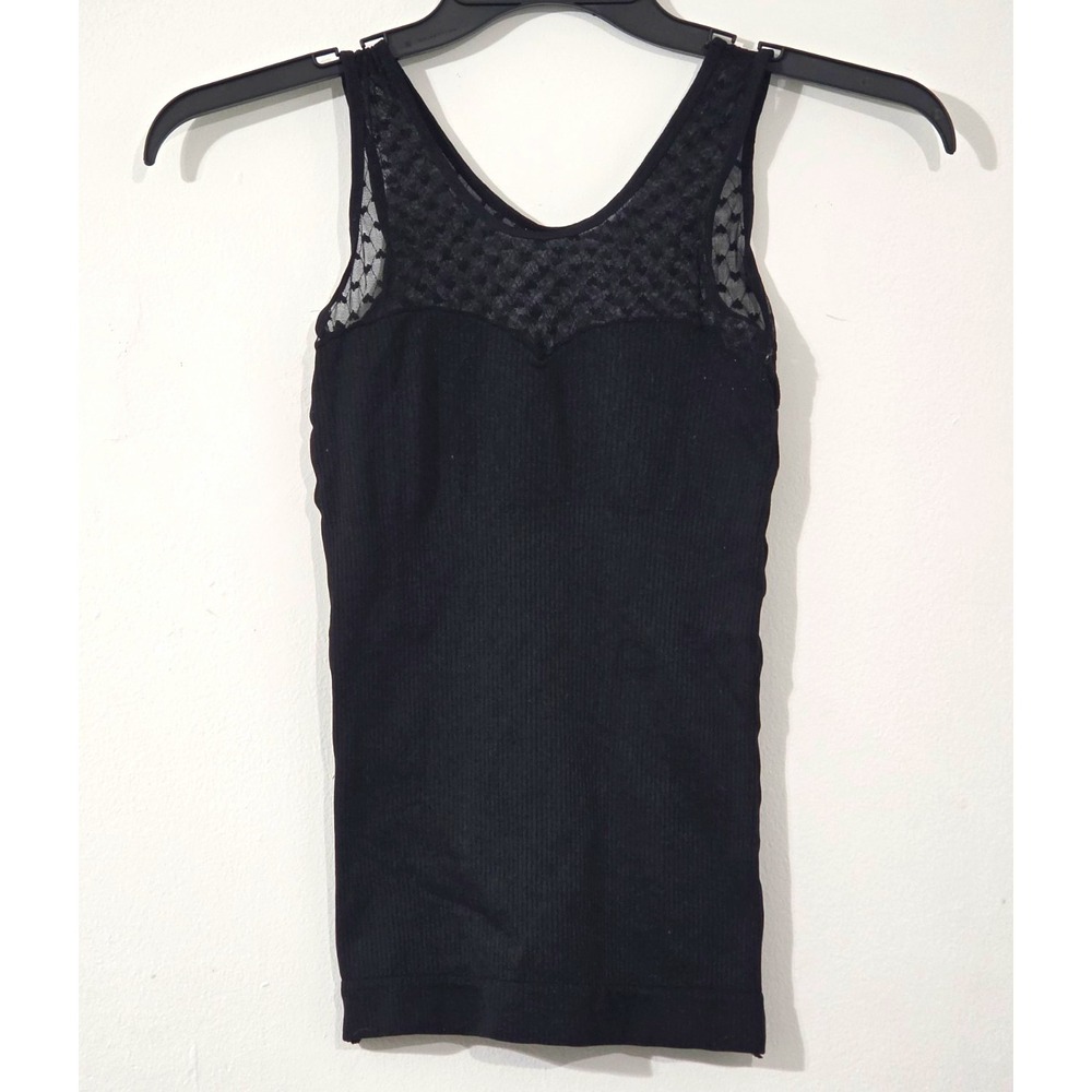 Black Ribbed Cami Top Lace Mesh Panel V Neck Sleeveless Y2K Women's Size XS